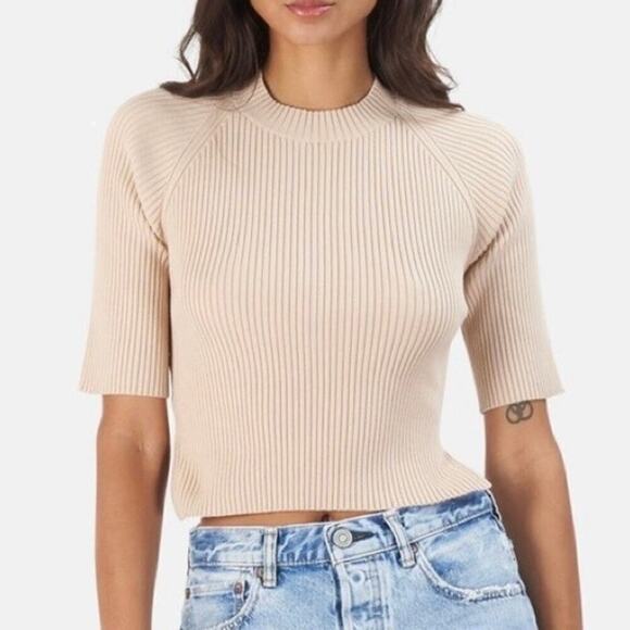 NWT NAADAM Twist Back Short Sleeve Top Beige Cashmere & Silk Blend Ribbed Small - Picture 2 of 10